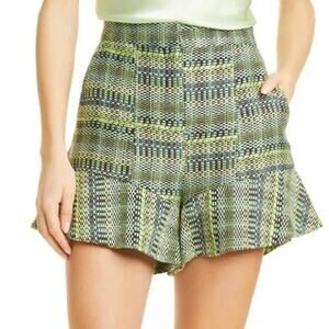 Cinq a Sept Lexie Boxweave Shorts Plaid Tweed High Waist Ruffle Hem Flounce